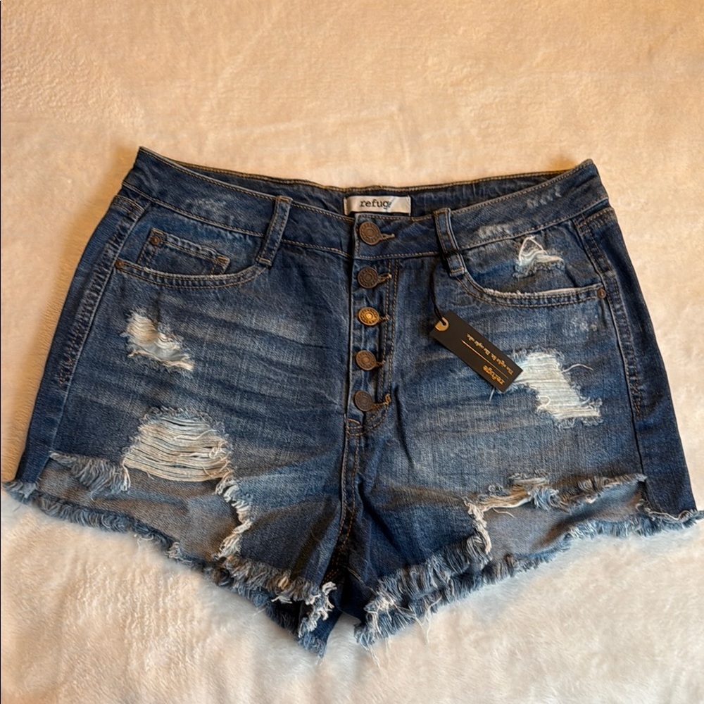 Refuge Blue High-Waisted Distressed Jean Shorts Size 8